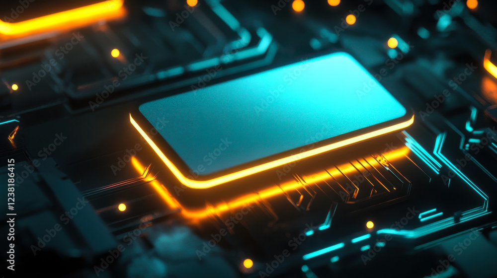 Poster high-tech circuit board featuring illuminated rectangular components in a dark setting