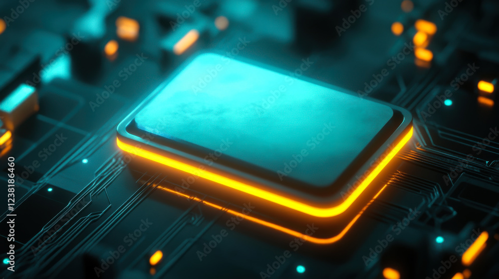 Poster high-tech circuit board featuring illuminated rectangular components in a dark setting
