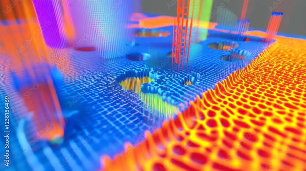 Poster colorful abstract representation of quantum computing processes in a futuristic setting