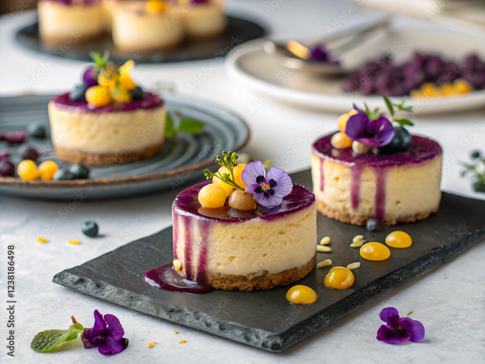 Poster a close-up of a culinary scene featuring a series of mini cheesecakes topped with a vibrant purple b