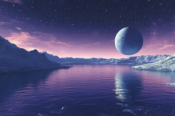 Breathtaking cosmic landscape featuring serene water and distant mountains during twilight