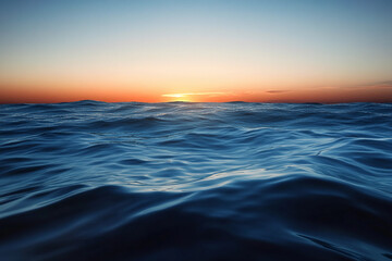 Naklejka premium Sunset over calm ocean waters creates a serene atmosphere with vibrant colors on the horizon