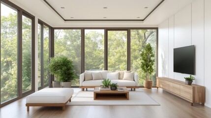 Fototapeta premium Bright and Airy Modern Living Room with Large Windows Overlooking Lush Greenery and Stylish Furniture