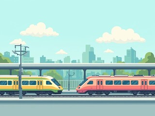 Modern trains at a bustling city station with skyscrapers