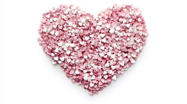 Un bouquet a forma di cuore composto da cuori rosa e bianchi, che creano una texture soffice e delicata.   Lo sfondo &egrave; bianco puro per personalizzazioni e perfetto per le celebrazioni romantiche