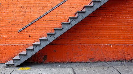 Grey Wooden Staircase Against Vibrant Orange Brick Wall: Urban Architectural Photography