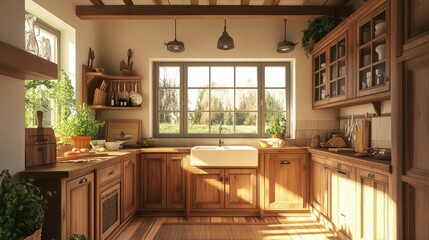 Fototapeta premium bright kitchen in a farmhouse-style home, with wooden cabinets, a farmhouse sink, and rustic details.