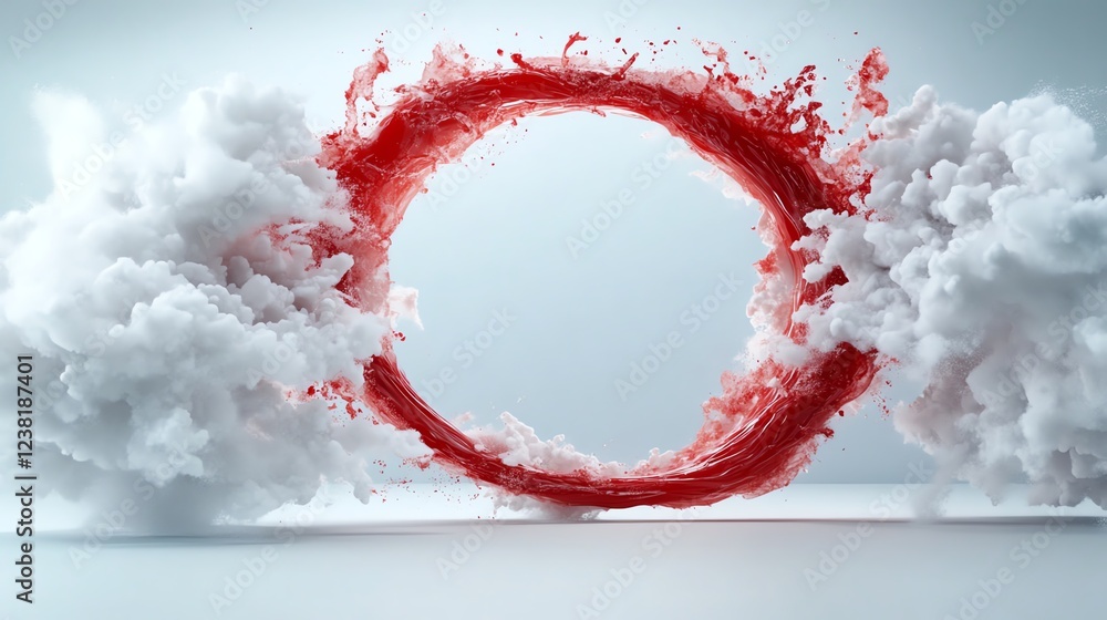Poster abstract red circle with surrounding white clouds on a light background, evoking creativity and imag