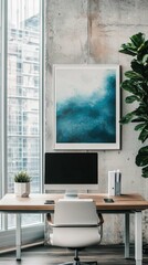Fototapeta premium Modern Office Workspace with Abstract Art and Minimalist Decor