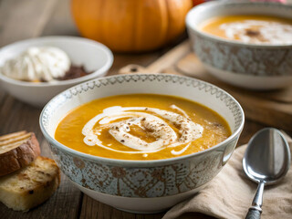 A rustic wooden table adorned with two bowls of creamy pumpkin soup, each garnished with a dollop of whipped cream. To the left, a piece of crusty bread rests, and a spoon rests beside the bowls. In t