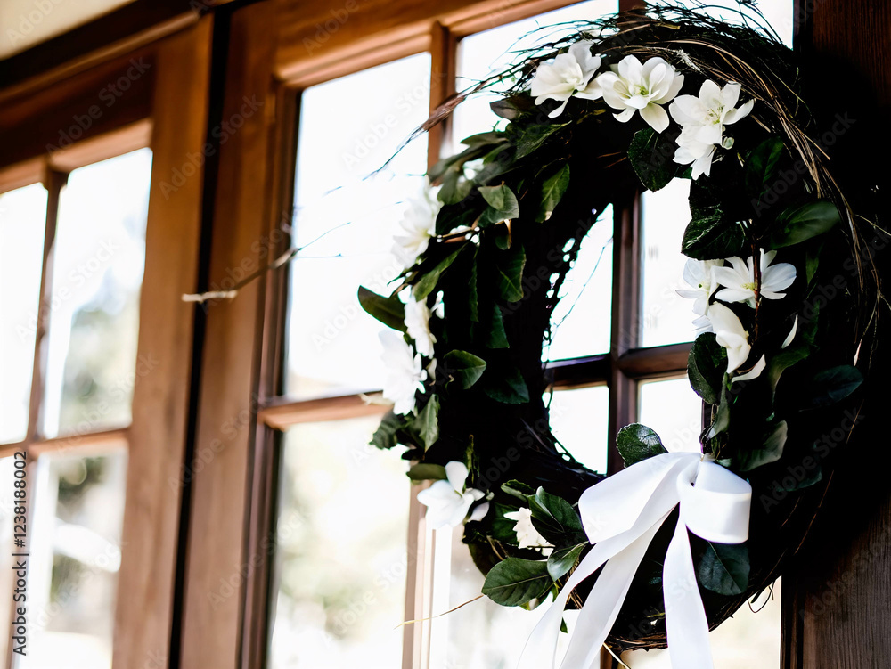 Poster a wreath of greenery with white flowers attached to a window. The wreath is adorned with a white ribbon tied in a bow at the bottom.