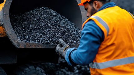 A worker in safety gear handling coal from a truck's hopper.