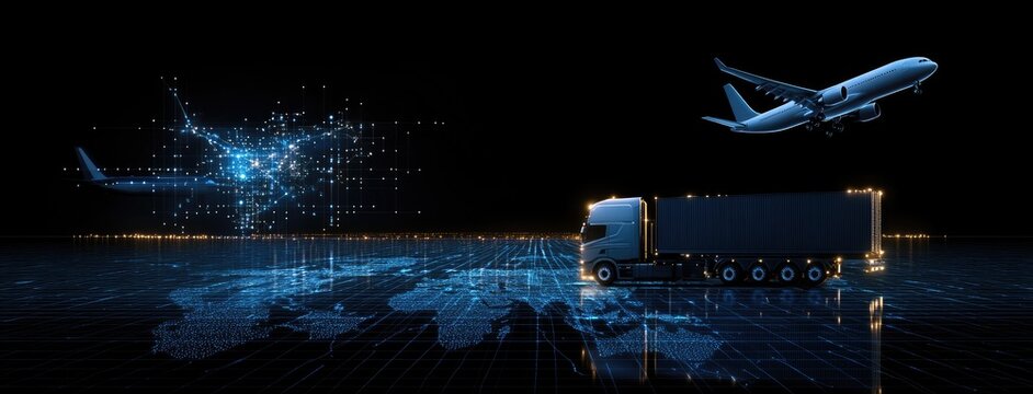 Digital blue map showcasing a global transportation network with cargo vehicles, planes, and trains depicted in a high-resolution design