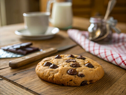 A chocolate chip cookie is on a wooden cutting board, with a cup of coffee, a bottle of milk, and some chocolate bars in the background. - Powered by Adobe