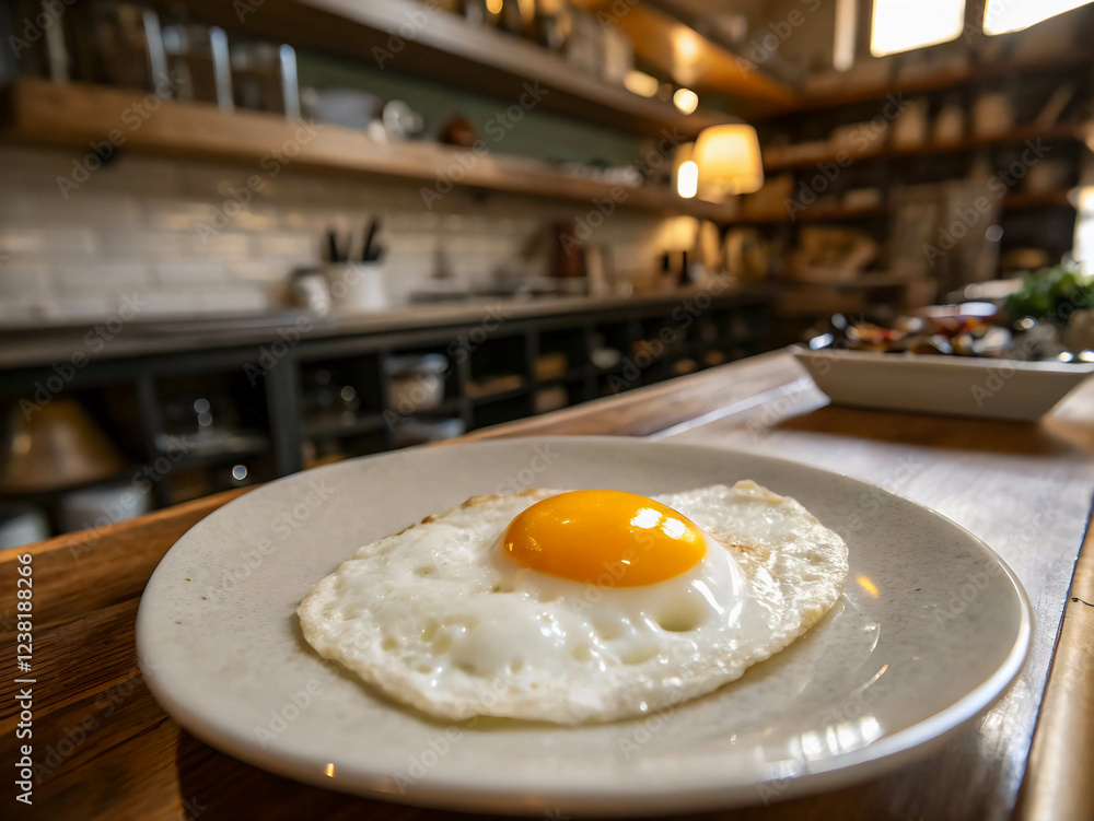 Aufkleber a fried egg on a plate with a wooden shelf in the background. there is also a bowl of food on the co