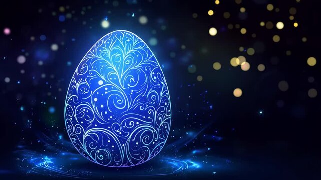 Glowing easter egg with floral pattern in magical night garden. Blue neon light decoration with grass silhouettes and sparkles. Spring holiday digital art concept with copy space