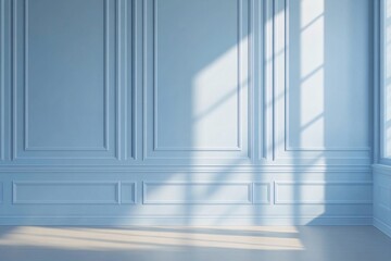 Fototapeta premium Elegant Light Blue Room with Intricate Textured Walls and Gentle Sunlight Casting Soft Shadows, Creating a Serene and Refined Atmosphere, Ideal for Contemporary Interior Photography