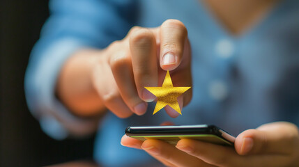 Fototapeta premium Customer review satisfaction feedback survey concept. User give rating to service excellent experience on mobile phone application, Client evaluate quality of service reputation ranking of business
