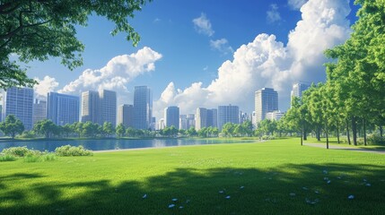 A park in the city with wide lawns and green grass, offering a peaceful retreat.