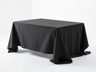 Round table with a draped black tablecloth. Elegant, formal, dining, event, catering concept.