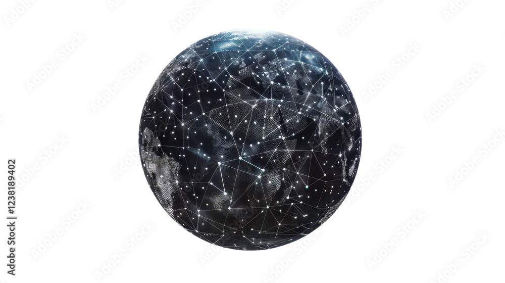 Poster planet earth rotating with glowing lines showing international connections on transparent background