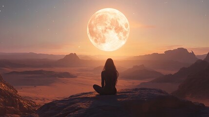 Obraz premium A full moon shining brightly over an open desert, symbolizing power and the quiet beauty of women.