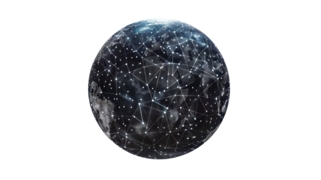 Planet earth rotating with glowing lines showing international connections on transparent background