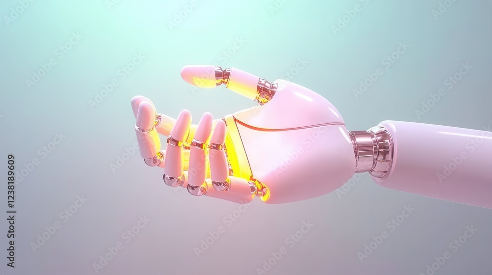 Poster robotic hand with glowing elements on light background