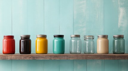 Colorful jars on rustic shelf against teal wood background; storage, organization, kitchen, home decor, food preservation
