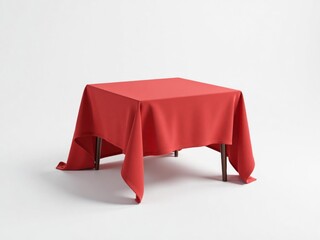 Round table with a draped red tablecloth, isolated on white. Mockup, template, catering, event concept.