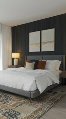 Fototapeta premium Modern Bedroom with Gray Bed, Neutral Decor, and Art Prints