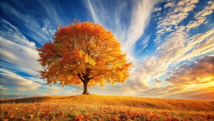 Fototapeta premium A lone tree stands tall amidst a sea of vibrant autumn leaves against a warm sunny sky with a few wispy clouds , foliage