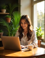 a realistic scene of a young woman in her mid-20s working on a laptop in a cozy cafe with natural lighting. She has long wavy hair and is wearing a casual yet elegant outfit, such as a white blouse. 
