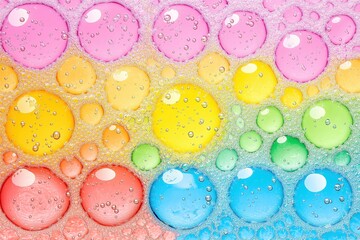 Vibrant abstract background featuring multicolored bubbles in a foamy texture, arranged in a smooth gradient of pink, yellow, green, and blue, creating a dynamic and fresh visual effect