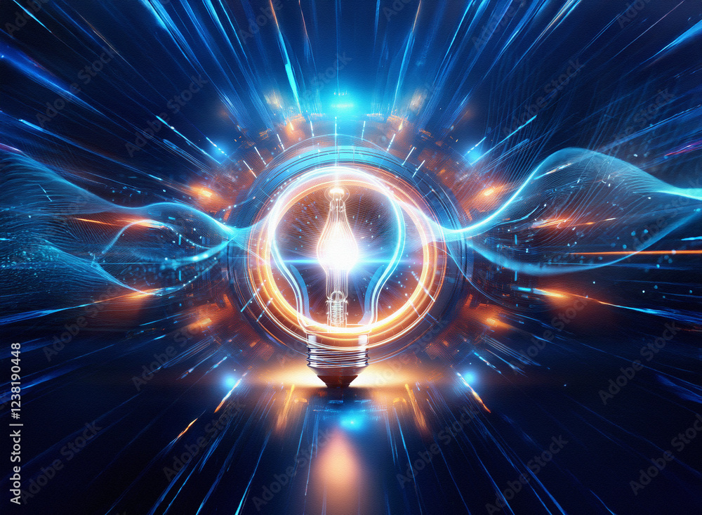 Poster abstract sci-fi double exposure image of a glowing lightbulb, surrounded by dynamic energy waves and