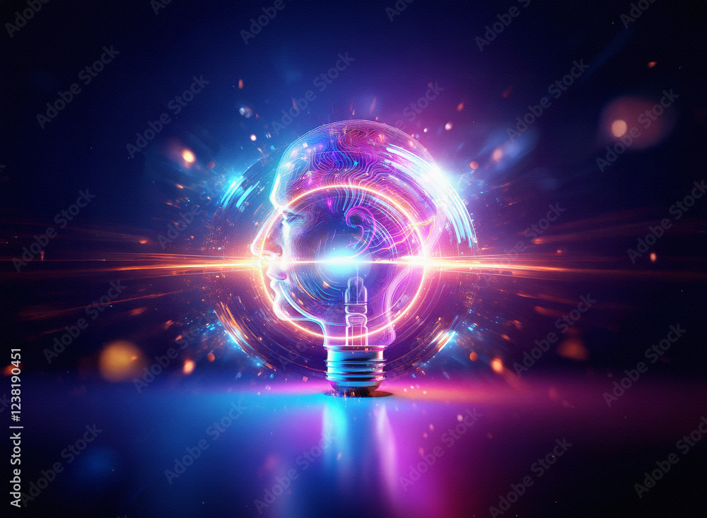 Poster abstract sci-fi double exposure image of a glowing lightbulb, featuring a face within its illuminate