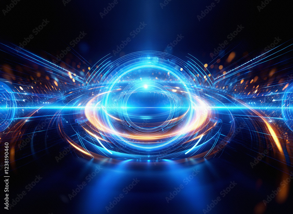 Poster Abstract sci-fi background featuring a double exposure of glowing blue and orange orbs, surrounded by dynamic light streaks and energy fields.  The image evokes a sense of futuristic technology and ot
