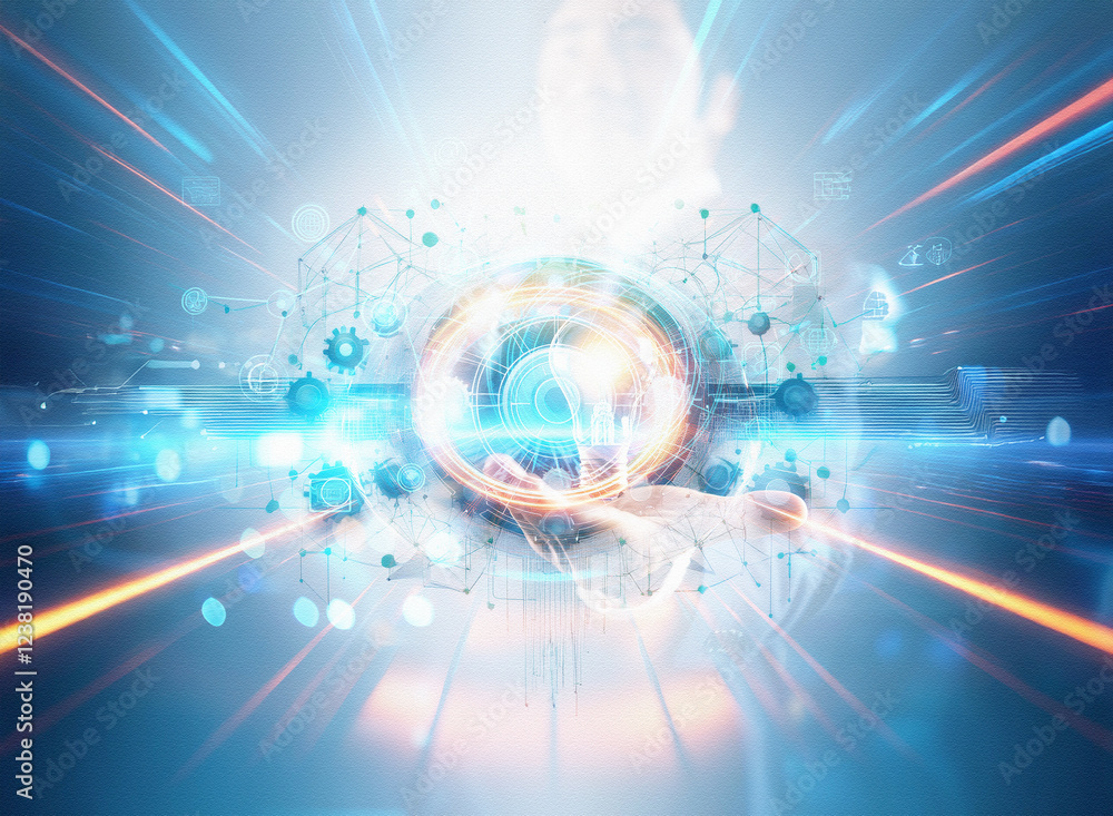 Poster abstract sci-fi double exposure image. glowing sphere with network connections, surrounded by streak