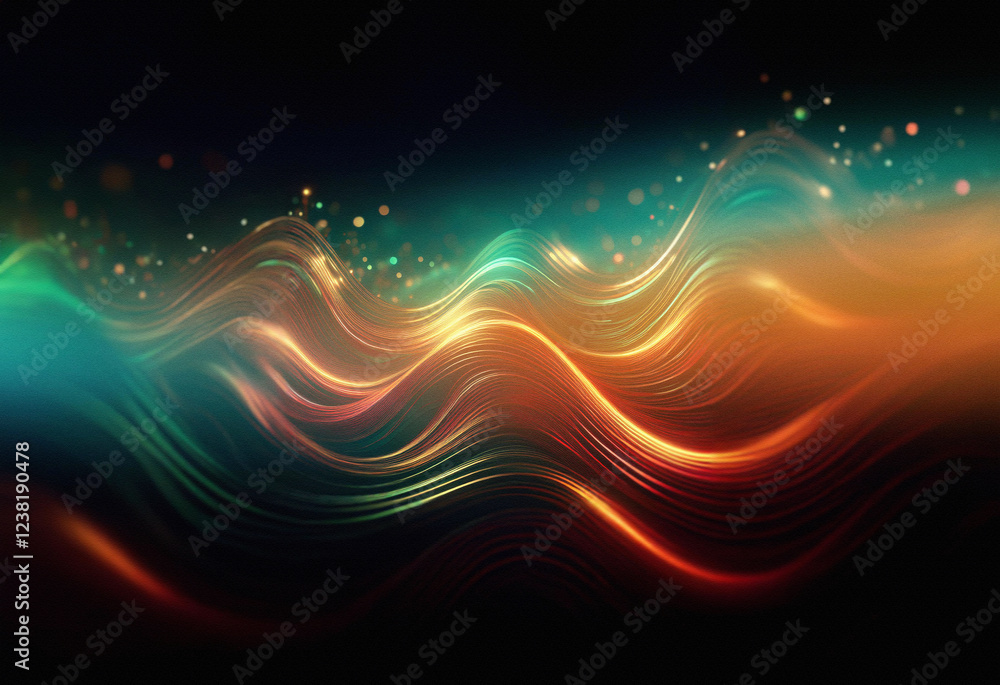 Poster abstract sci-fi background featuring a double exposure of vibrant, flowing waves of light and energy