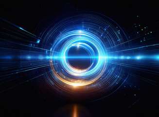 Abstract sci-fi background featuring a double exposure of glowing blue and orange rings, creating a futuristic, technological portal effect.