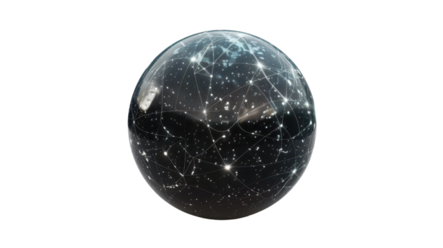 Global network connecting points of light inside transparent sphere on transparent background