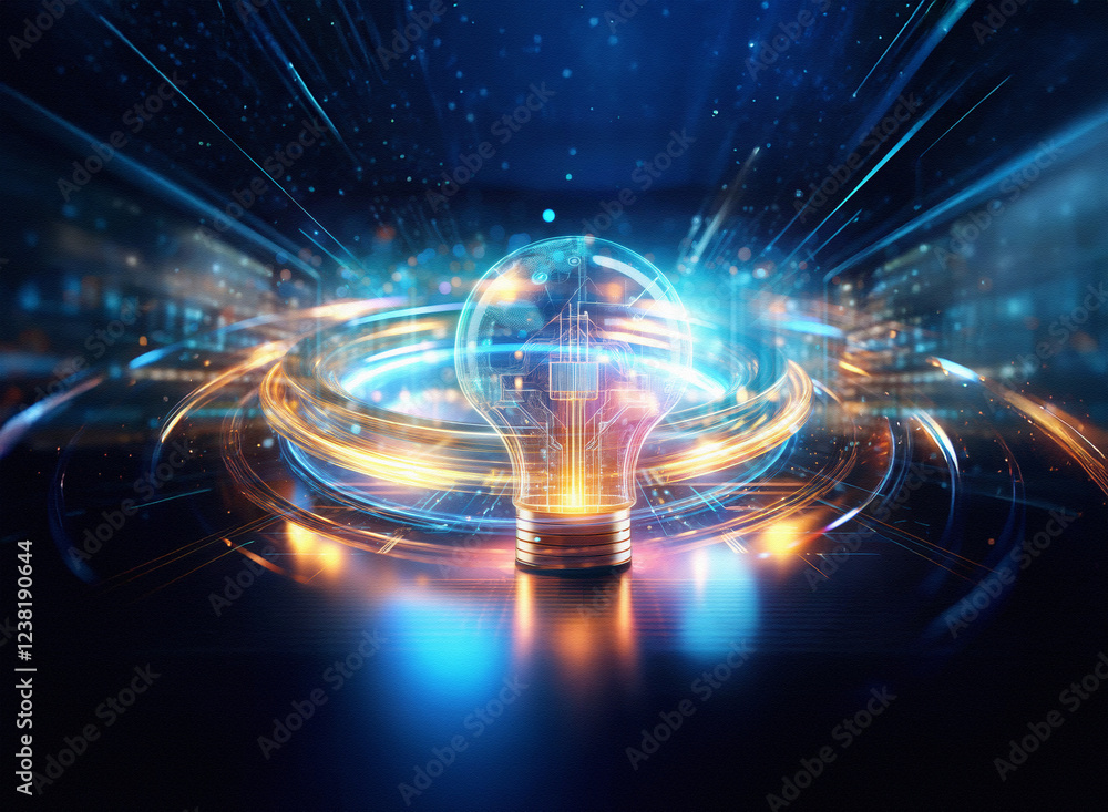Poster abstract sci-fi double exposure image of a glowing lightbulb on a futuristic background, surrounded 
