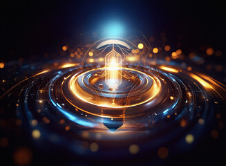 Fototapeta premium Abstract sci-fi double exposure background image. Glowing energy swirls around a central, futuristic symbol on a metallic platform.