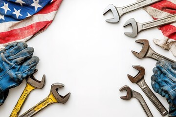 Worn American Flag, Tools, and Work Gloves on White Background