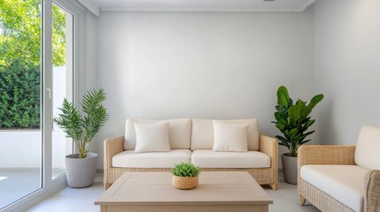 Modern and Stylish Living Room with Rattan Furniture and Indoor Plants, Bright Natural Light, Minimalist Design