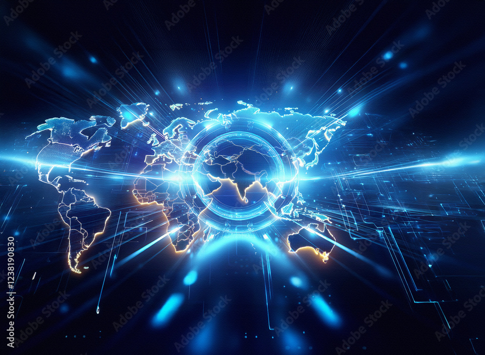 Poster Abstract sci-fi double exposure image. Glowing world map on a futuristic circuit background with bright light streaks.