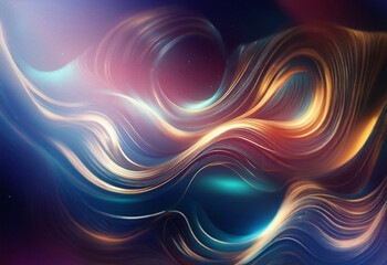 Obraz premium Abstract sci-fi background featuring a double exposure effect. Swirling, luminous waves of gold, teal, and purple create a mesmerizing, cosmic scene.