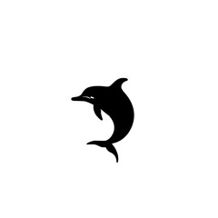 Majestic Dolphin Silhouette: A captivating black and white vector graphic of a dolphin leaping from the ocean waves. Perfect for marine-themed designs, logos, and illustrations.