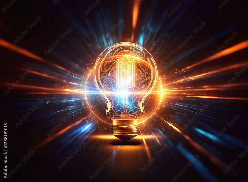 Poster abstract sci-fi double exposure image of a glowing lightbulb, radiating energy against a dark backgr