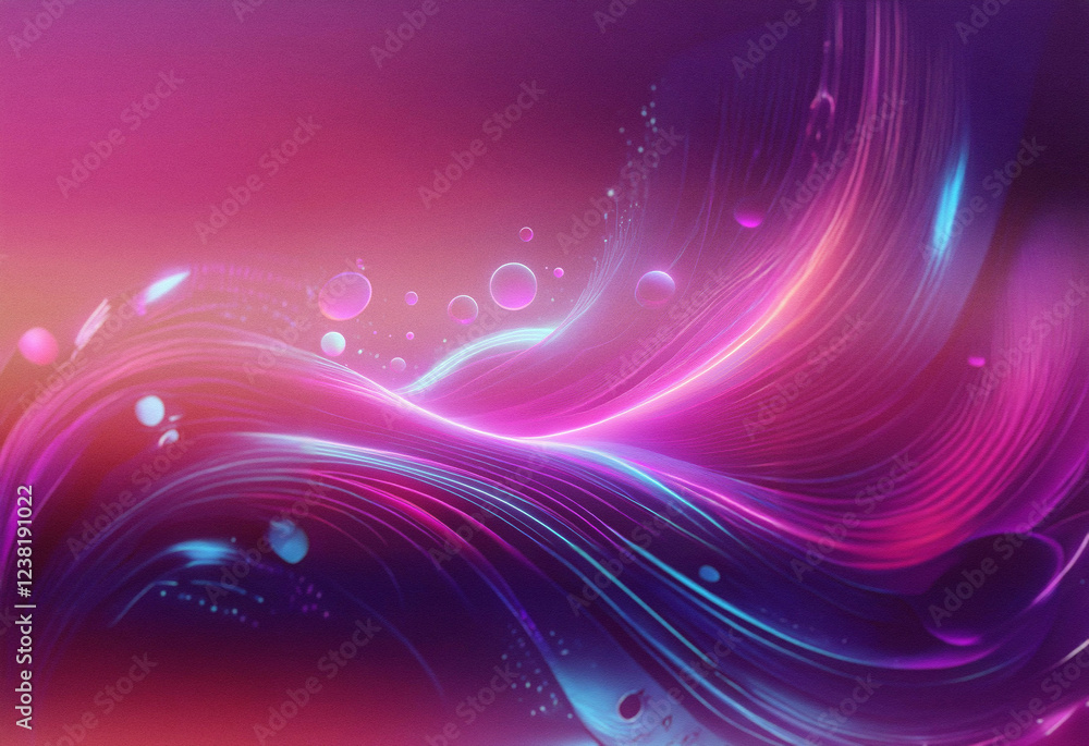 Poster Abstract sci-fi background featuring a double exposure effect.  Glowing pink and blue waves flow across the image, interspersed with floating orbs.  A vibrant and dynamic digital art piece.